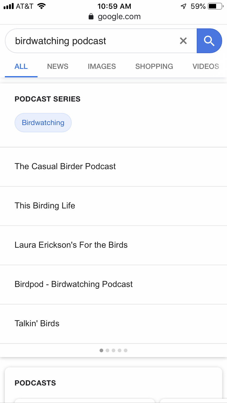 Screenshot of Google Search results for "Birdwatching Podcast"